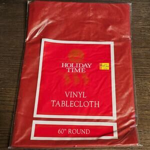 Vintage Red Holiday Time Vinyl Tablecloth 60" Round New Old Stock NOS